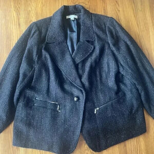 Laura Ashley blazer career black silver metallic lined pockets long sleeve Bin C